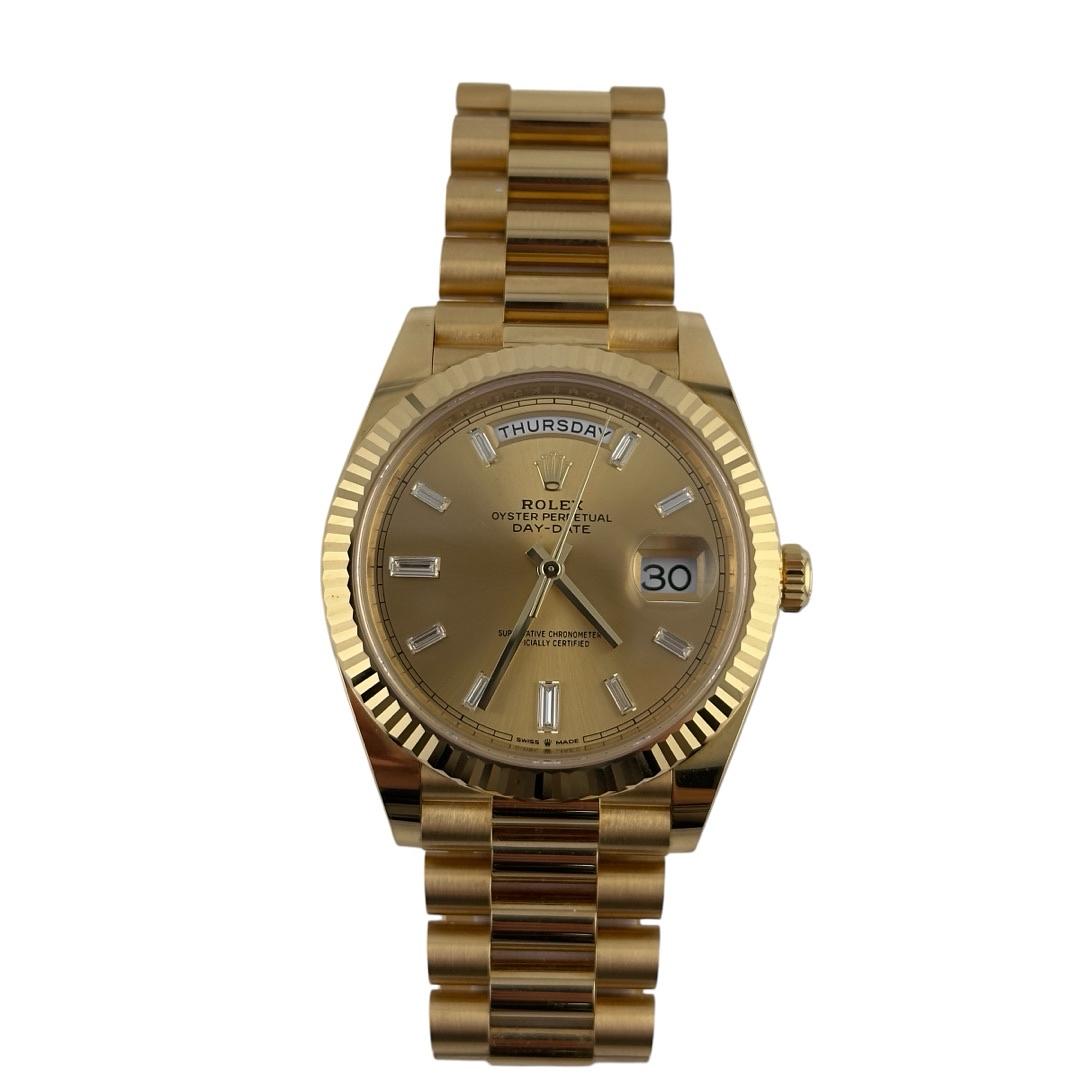 Rolex Day-Date 40 Champagne Baguette Diamond Dial on President Ref 228238 with New Style Card Green