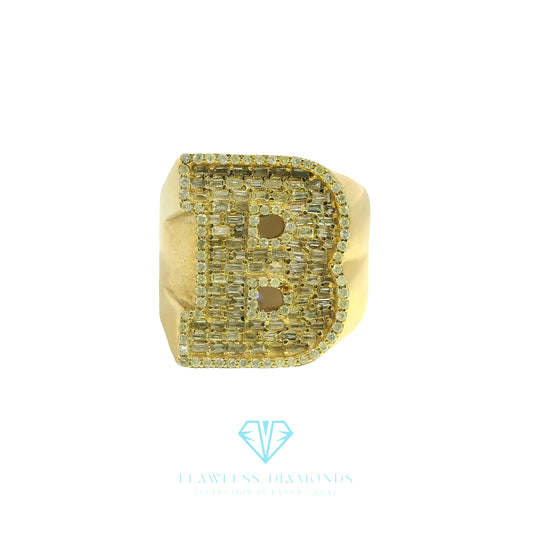 Yellow Gold Initial Ring with Baguette Cut Diamonds