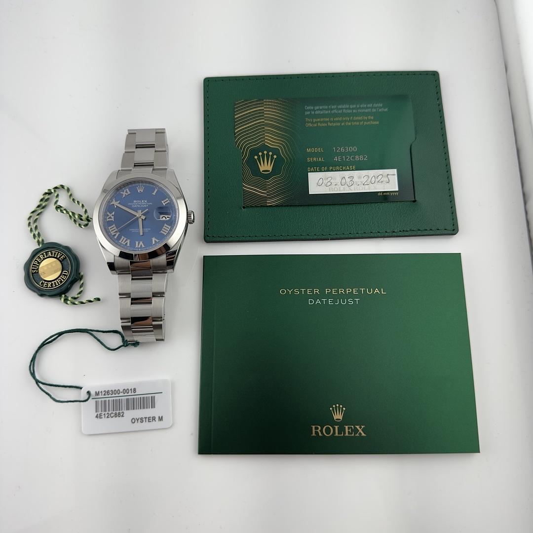 Rolex Datejust 41 Blue Roman Dial on Oyster Ref 126300 with New Style Card Green 2025