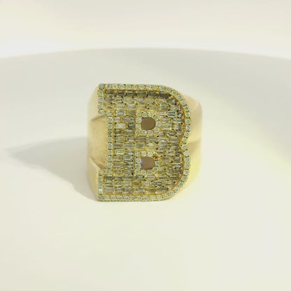 Yellow Gold Initial Ring with Baguette Cut Diamonds