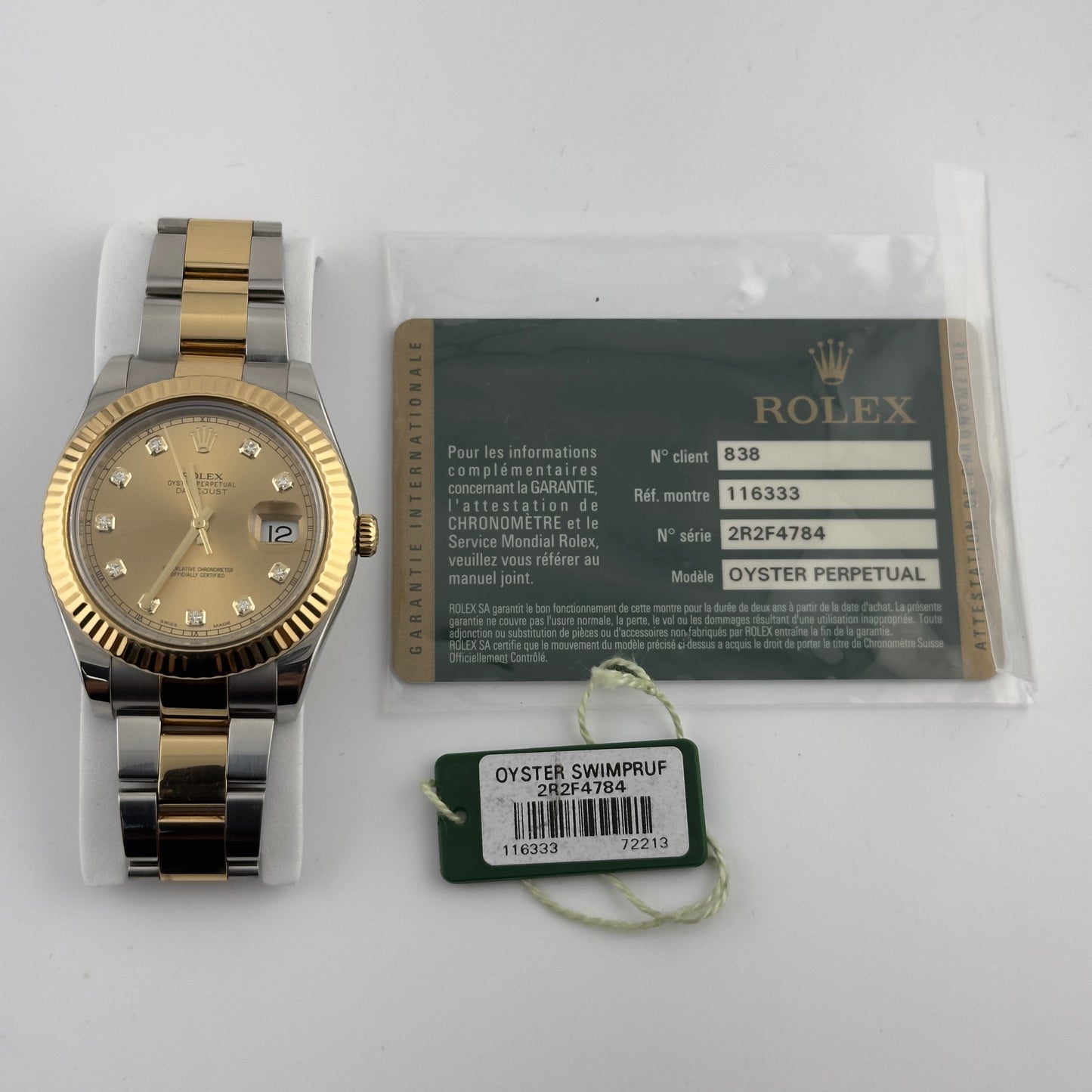 Rolex Datejust II Champagne Diamond Dial on Oyster Ref 116333 with Card Old Green