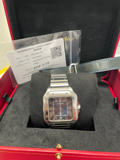 Cartier Santos Blue Dial on Bracelet Ref WSSA0030 with Card